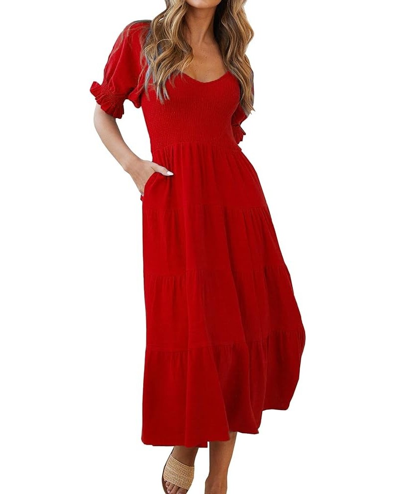 Women's 2024 Boho Off Shoulder Dress Puff Short Sleeves Flowy A Line Beach Party Midi Dresses Red1 $14.57 Dresses