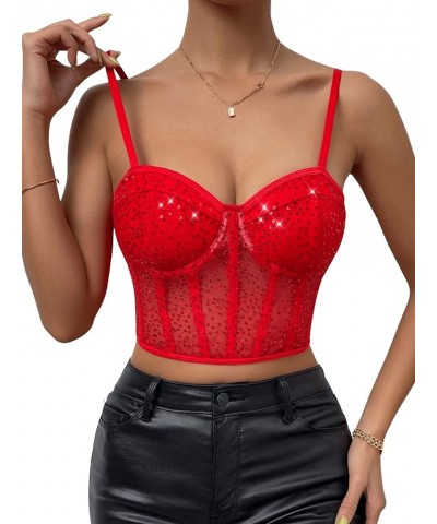 Women's Embroidery Lace Up Crop Cami Top Spaghetti Strap Fitted Camisole Crop Tops Red $17.39 Tanks