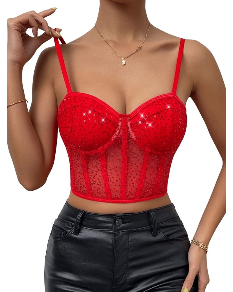 Women's Embroidery Lace Up Crop Cami Top Spaghetti Strap Fitted Camisole Crop Tops Red $17.39 Tanks