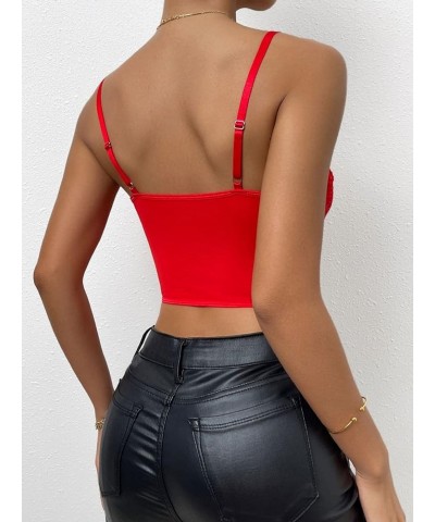 Women's Embroidery Lace Up Crop Cami Top Spaghetti Strap Fitted Camisole Crop Tops Red $17.39 Tanks