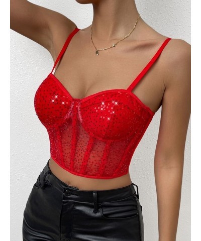 Women's Embroidery Lace Up Crop Cami Top Spaghetti Strap Fitted Camisole Crop Tops Red $17.39 Tanks