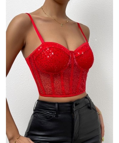 Women's Embroidery Lace Up Crop Cami Top Spaghetti Strap Fitted Camisole Crop Tops Red $17.39 Tanks