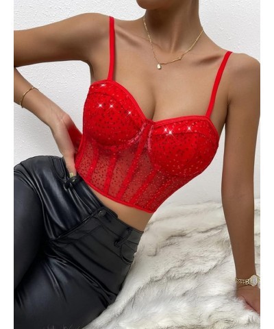 Women's Embroidery Lace Up Crop Cami Top Spaghetti Strap Fitted Camisole Crop Tops Red $17.39 Tanks