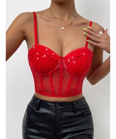 Women's Embroidery Lace Up Crop Cami Top Spaghetti Strap Fitted Camisole Crop Tops Red $17.39 Tanks