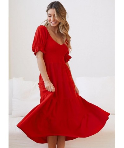 Women's 2024 Boho Off Shoulder Dress Puff Short Sleeves Flowy A Line Beach Party Midi Dresses Red1 $14.57 Dresses