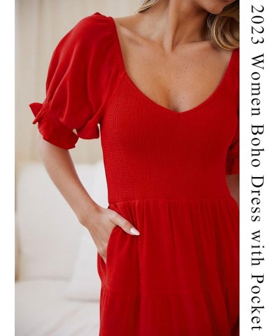 Women's 2024 Boho Off Shoulder Dress Puff Short Sleeves Flowy A Line Beach Party Midi Dresses Red1 $14.57 Dresses