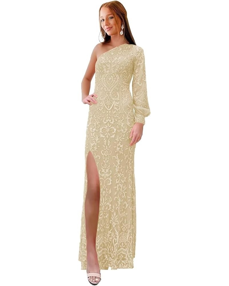 One Shoulder Mermaid Prom Dresses with Sleeve Sequin Lace Formal Evening Dress with Slit Champagne $33.14 Dresses