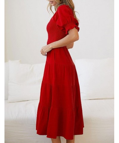 Women's 2024 Boho Off Shoulder Dress Puff Short Sleeves Flowy A Line Beach Party Midi Dresses Red1 $14.57 Dresses