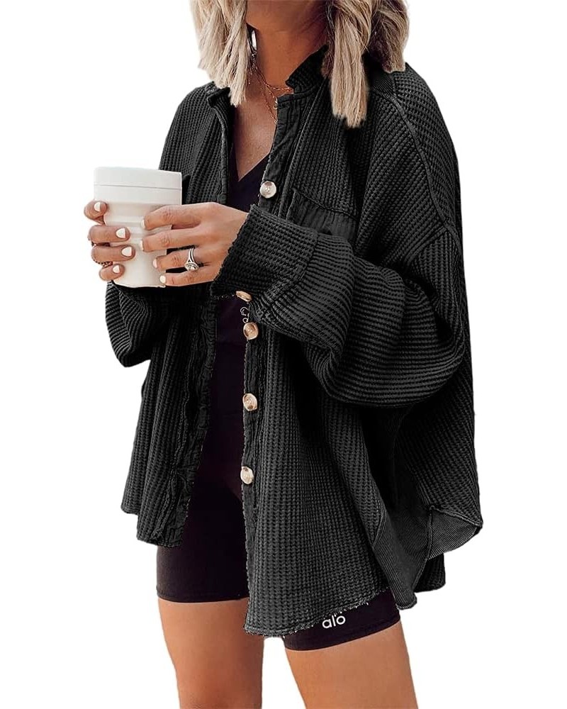 Cardigan for Woemn Fall Waffle Knit Long Sleeve Button Down Shirts Tops Casual Oversized Jacket Loose Fit Black $16.40 Sweaters