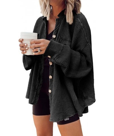 Cardigan for Woemn Fall Waffle Knit Long Sleeve Button Down Shirts Tops Casual Oversized Jacket Loose Fit Black $16.40 Sweaters