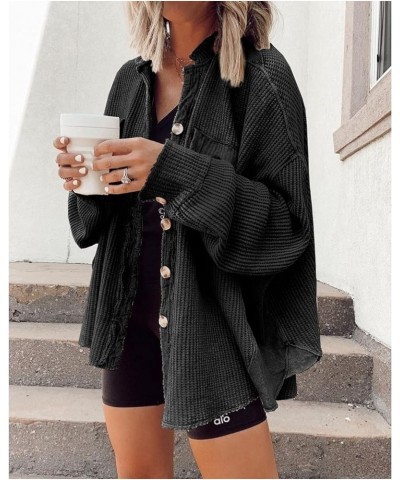 Cardigan for Woemn Fall Waffle Knit Long Sleeve Button Down Shirts Tops Casual Oversized Jacket Loose Fit Black $16.40 Sweaters