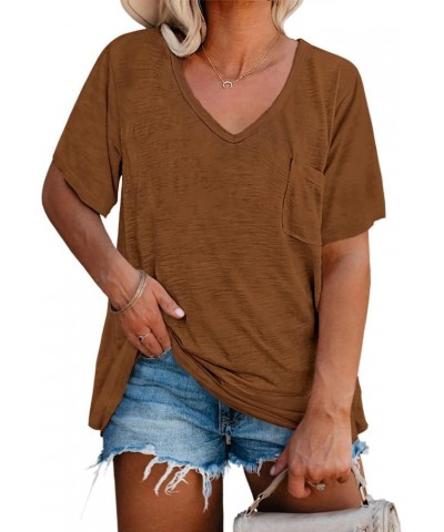 Womens Plus Size Tunic T Shirts Short Sleeve Round Neck Soft Loose Shirts Summer Casual Tops with Pocket Z-brown $16.81 T-Shirts