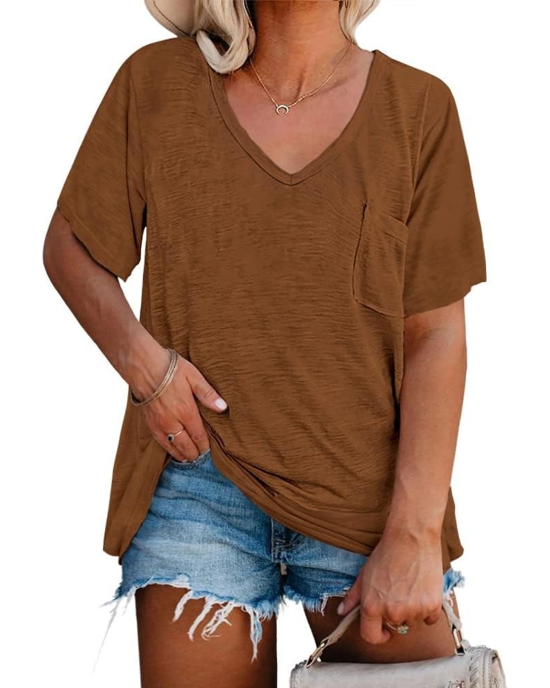 Womens Plus Size Tunic T Shirts Short Sleeve Round Neck Soft Loose Shirts Summer Casual Tops with Pocket Z-brown $16.81 T-Shirts