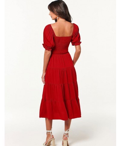 Women's 2024 Boho Off Shoulder Dress Puff Short Sleeves Flowy A Line Beach Party Midi Dresses Red1 $14.57 Dresses