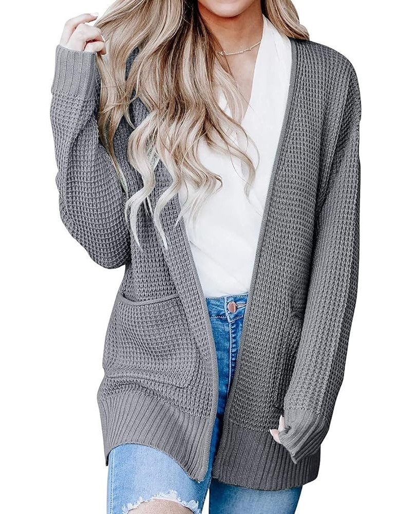 Women's 2024 Fall Casual Long Sleeve Open Front Waffle Knit Sweater Cardigans Coat Outwear with Pockets Grey $21.65 Sweaters