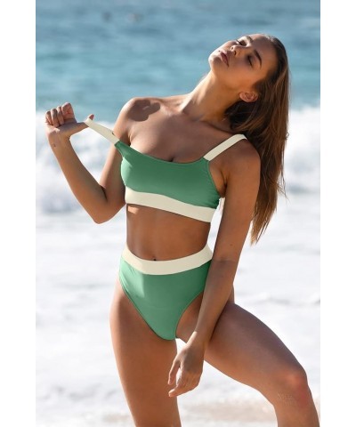 Women High Waisted Bikini Set Sports Color Block Swimsuit Scoop Neck Cheeky Bathing Suit Green White Bikini $23.99 Swimsuits