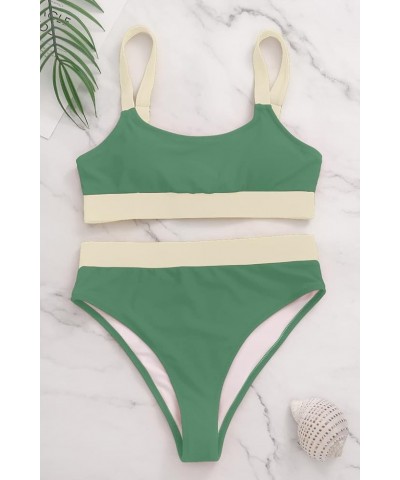 Women High Waisted Bikini Set Sports Color Block Swimsuit Scoop Neck Cheeky Bathing Suit Green White Bikini $23.99 Swimsuits