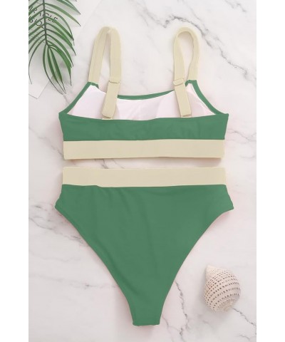 Women High Waisted Bikini Set Sports Color Block Swimsuit Scoop Neck Cheeky Bathing Suit Green White Bikini $23.99 Swimsuits