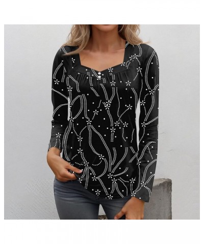 Long Sleeve Tunic Tops For Women, 2024 Spring Trendy Casual Square Neck Top Loose Fitted Vintage Floral Print Shirts A-black ...