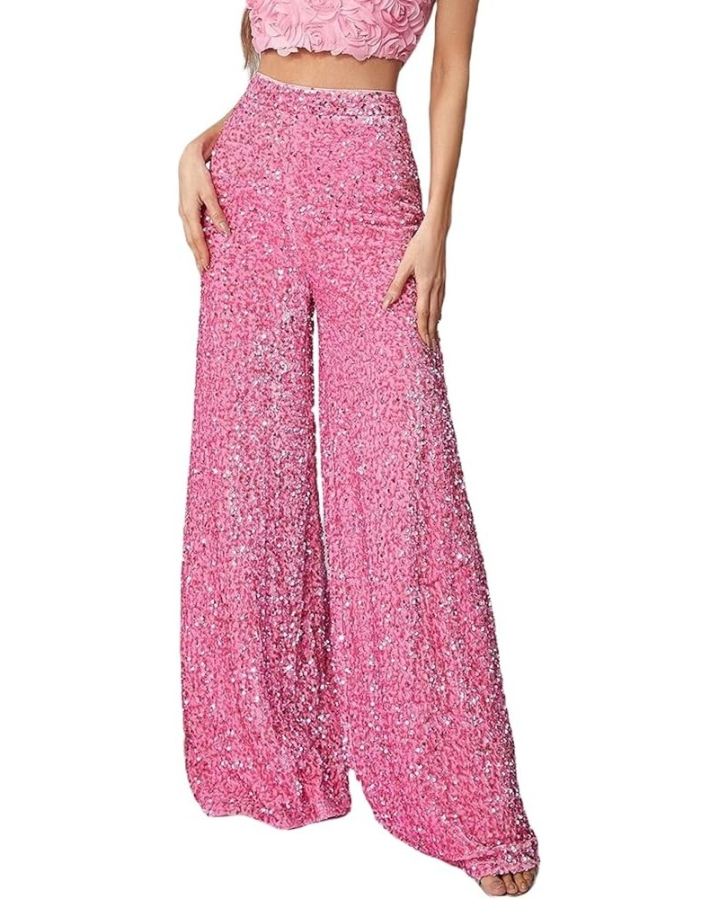 Women Sequin Flare Long Pants Glitter Wide Leg Bell Bottom Palazzo Trousers Y2k Sparkly Disco Party Wear C Pink $12.75 Pants