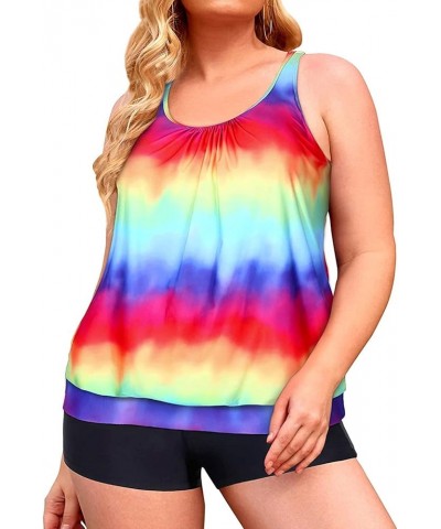 Plus Size Tankini Swimsuits for Women Blouson Tankini Tops with Swim Shorts Two Piece Bathing Suits Rainbow Tie Dye $25.95 Sw...