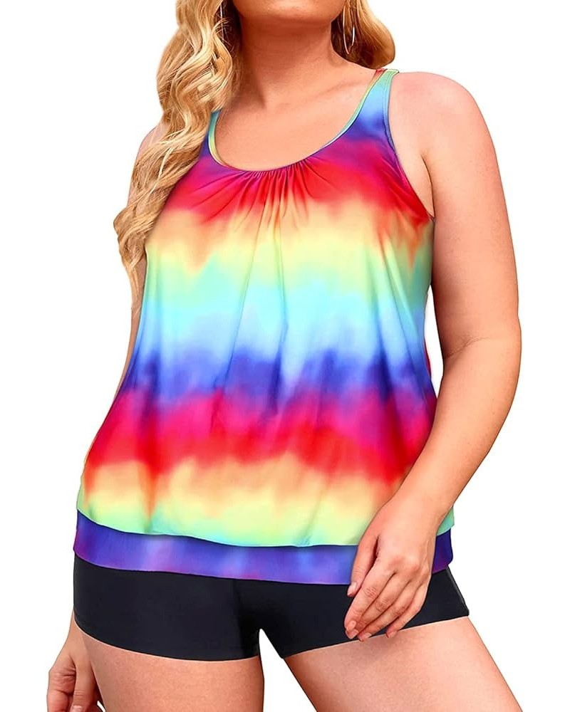 Plus Size Tankini Swimsuits for Women Blouson Tankini Tops with Swim Shorts Two Piece Bathing Suits Rainbow Tie Dye $25.95 Sw...