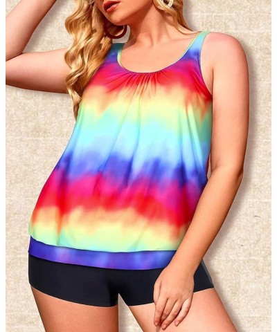 Plus Size Tankini Swimsuits for Women Blouson Tankini Tops with Swim Shorts Two Piece Bathing Suits Rainbow Tie Dye $25.95 Sw...