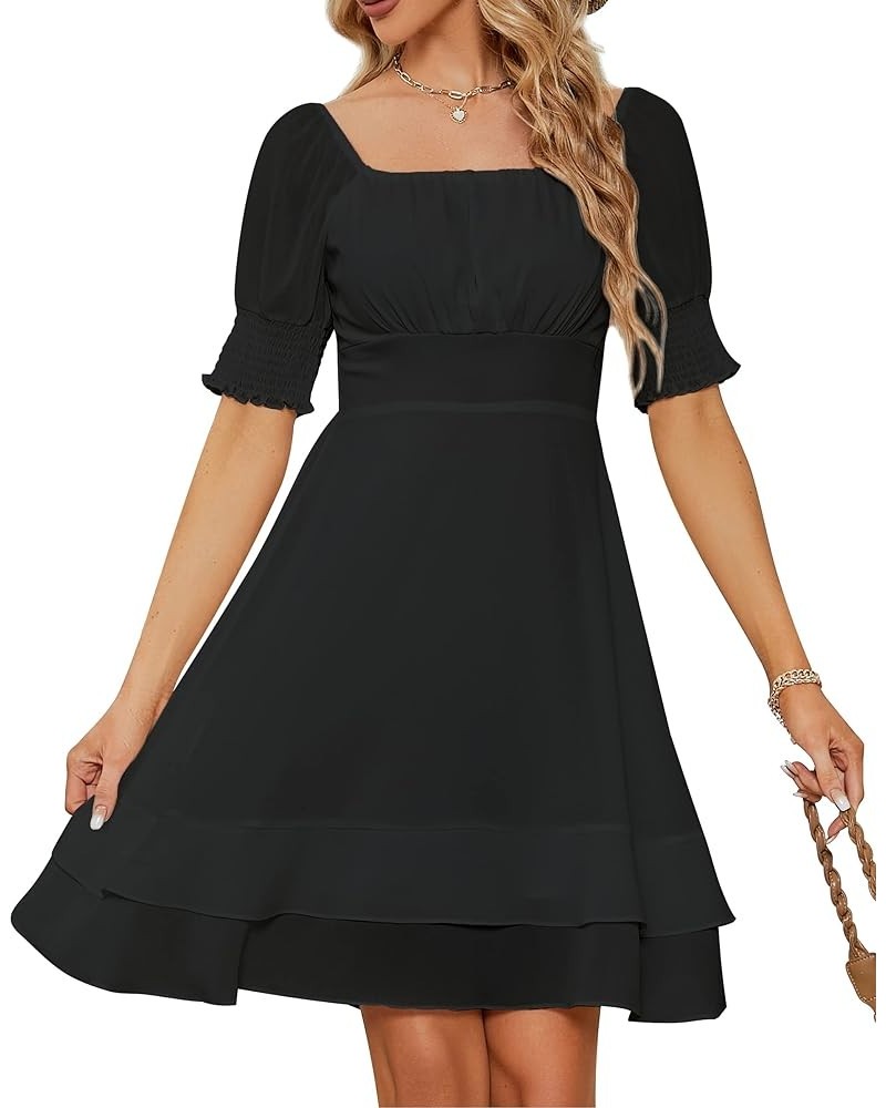 Women's Square Neck Chiffon Dress Pleated Chest Short Sleeve Fit and Flare Ruffles Mini Casual Dresses Black $15.80 Dresses