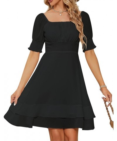 Women's Square Neck Chiffon Dress Pleated Chest Short Sleeve Fit and Flare Ruffles Mini Casual Dresses Black $15.80 Dresses