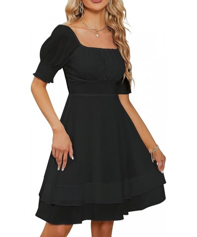 Women's Square Neck Chiffon Dress Pleated Chest Short Sleeve Fit and Flare Ruffles Mini Casual Dresses Black $15.80 Dresses