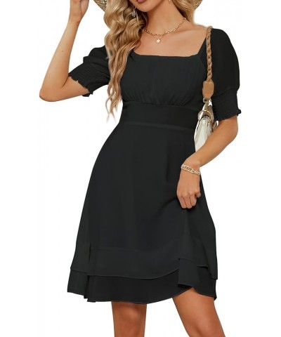 Women's Square Neck Chiffon Dress Pleated Chest Short Sleeve Fit and Flare Ruffles Mini Casual Dresses Black $15.80 Dresses