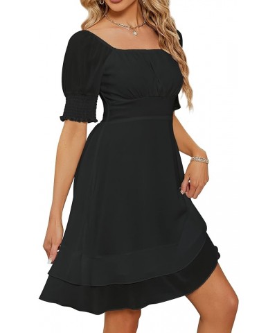 Women's Square Neck Chiffon Dress Pleated Chest Short Sleeve Fit and Flare Ruffles Mini Casual Dresses Black $15.80 Dresses