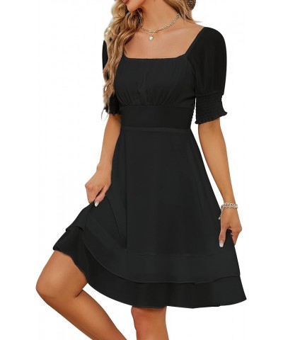 Women's Square Neck Chiffon Dress Pleated Chest Short Sleeve Fit and Flare Ruffles Mini Casual Dresses Black $15.80 Dresses