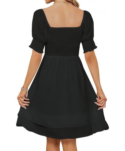 Women's Square Neck Chiffon Dress Pleated Chest Short Sleeve Fit and Flare Ruffles Mini Casual Dresses Black $15.80 Dresses