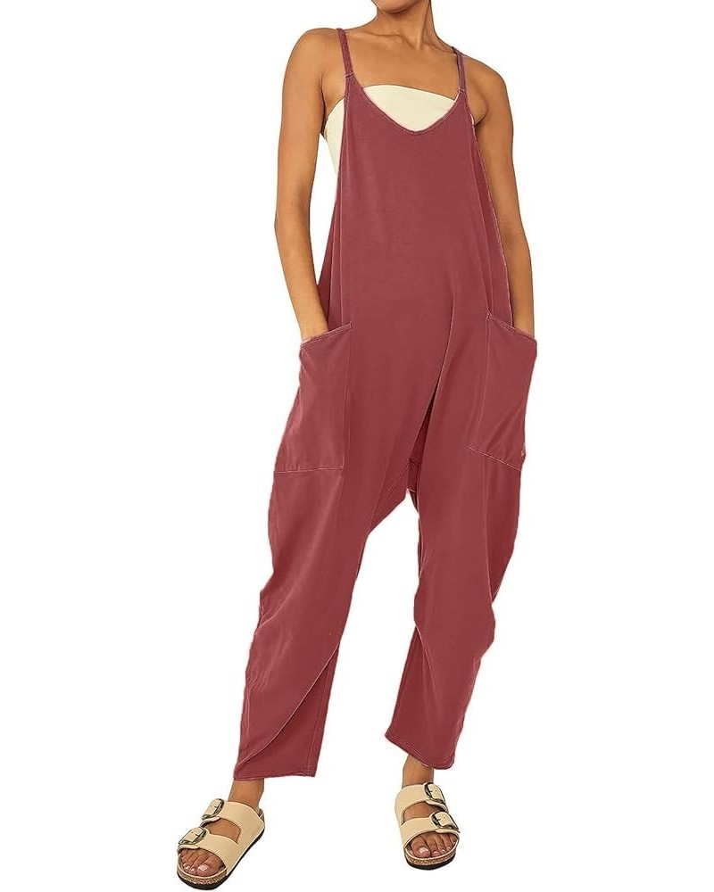 Rompers for Women Casual Long Pant Summer Sleeveless Loose Spaghetti Strap Baggy Overalls Jumpers with Pockets 2024 Brick Red...