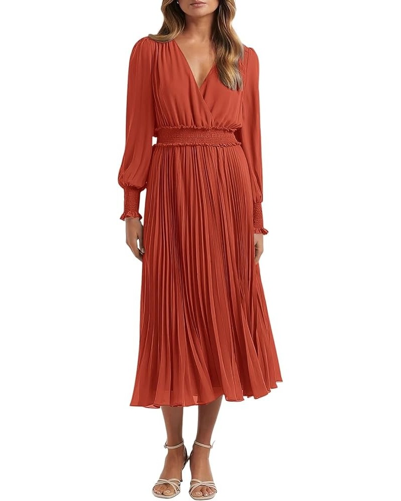 Womens Wrap V Neck Spring Dresses Wedding Guest Casual Pleated Long Sleeve Midi Dress Ruffle Smocked Long Dress Brick Red $27...