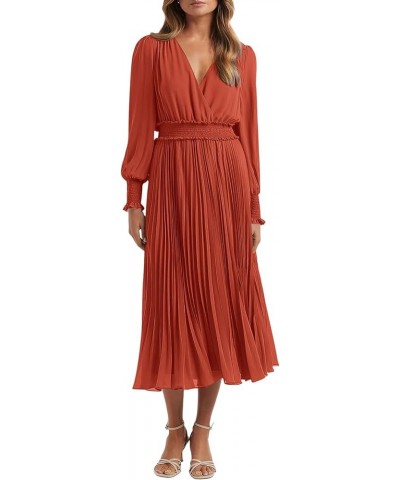 Womens Wrap V Neck Spring Dresses Wedding Guest Casual Pleated Long Sleeve Midi Dress Ruffle Smocked Long Dress Brick Red $27...