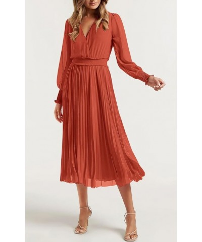 Womens Wrap V Neck Spring Dresses Wedding Guest Casual Pleated Long Sleeve Midi Dress Ruffle Smocked Long Dress Brick Red $27...