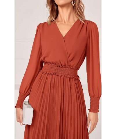 Womens Wrap V Neck Spring Dresses Wedding Guest Casual Pleated Long Sleeve Midi Dress Ruffle Smocked Long Dress Brick Red $27...