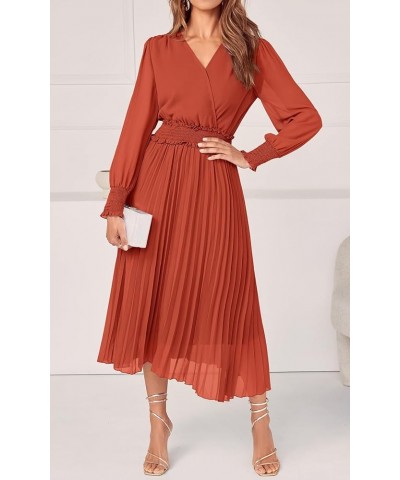 Womens Wrap V Neck Spring Dresses Wedding Guest Casual Pleated Long Sleeve Midi Dress Ruffle Smocked Long Dress Brick Red $27...