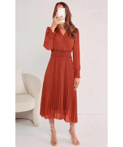 Womens Wrap V Neck Spring Dresses Wedding Guest Casual Pleated Long Sleeve Midi Dress Ruffle Smocked Long Dress Brick Red $27...