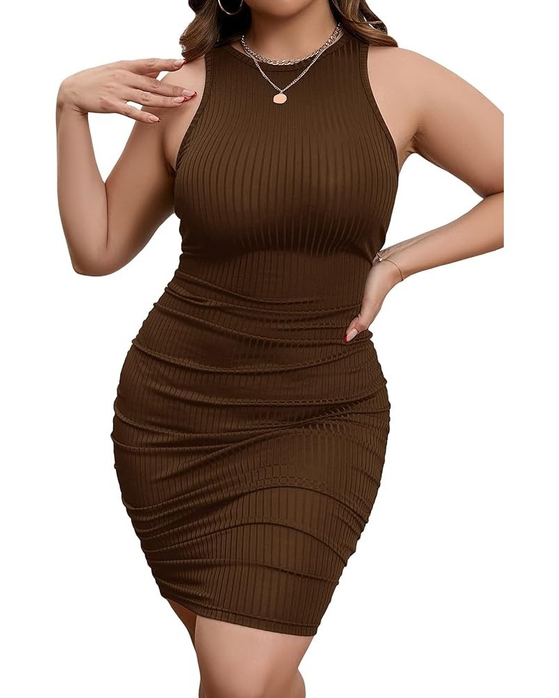 Women's Plus Size Round Neck Sleeveless Ruched Ribbed Knit Bodycon Tank Dress Coffee Brown $18.55 Dresses