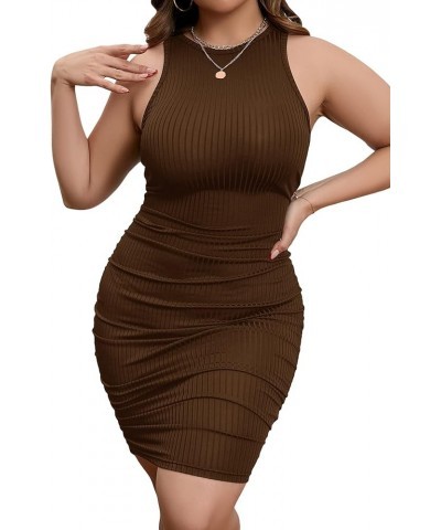 Women's Plus Size Round Neck Sleeveless Ruched Ribbed Knit Bodycon Tank Dress Coffee Brown $18.55 Dresses