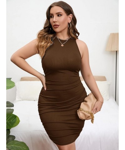 Women's Plus Size Round Neck Sleeveless Ruched Ribbed Knit Bodycon Tank Dress Coffee Brown $18.55 Dresses