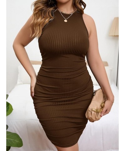 Women's Plus Size Round Neck Sleeveless Ruched Ribbed Knit Bodycon Tank Dress Coffee Brown $18.55 Dresses