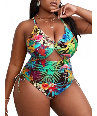 Women's Plus Size Floral Print Cutout Drawstring One Piece Swimsuit Monokini Multi Boho $16.34 Swimsuits