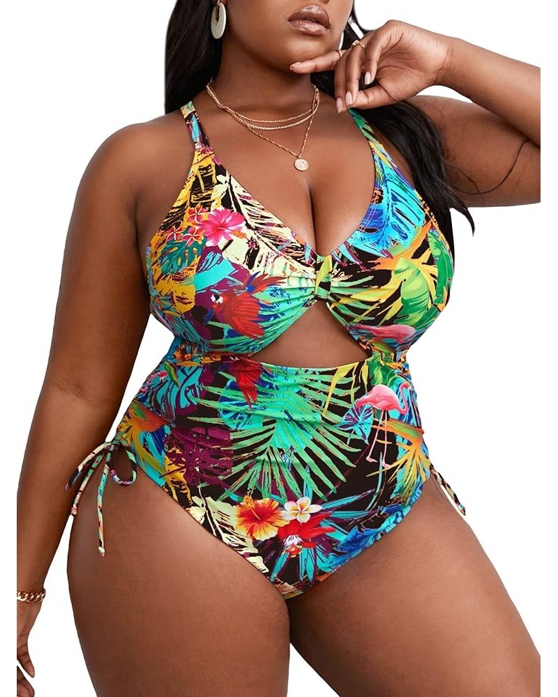 Women's Plus Size Floral Print Cutout Drawstring One Piece Swimsuit Monokini Multi Boho $16.34 Swimsuits