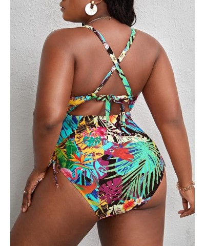 Women's Plus Size Floral Print Cutout Drawstring One Piece Swimsuit Monokini Multi Boho $16.34 Swimsuits