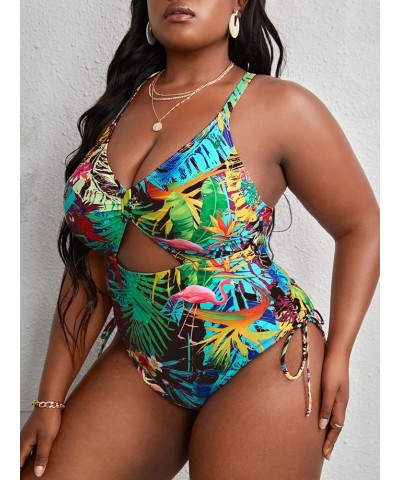 Women's Plus Size Floral Print Cutout Drawstring One Piece Swimsuit Monokini Multi Boho $16.34 Swimsuits