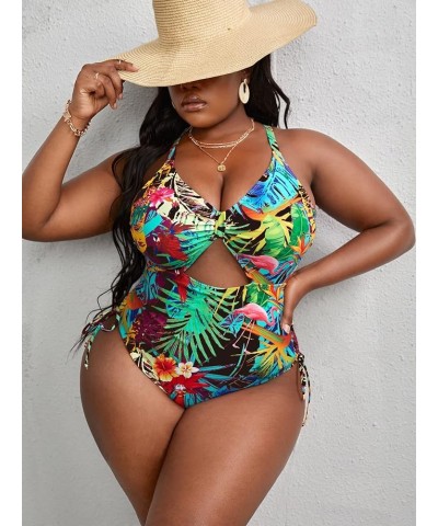 Women's Plus Size Floral Print Cutout Drawstring One Piece Swimsuit Monokini Multi Boho $16.34 Swimsuits